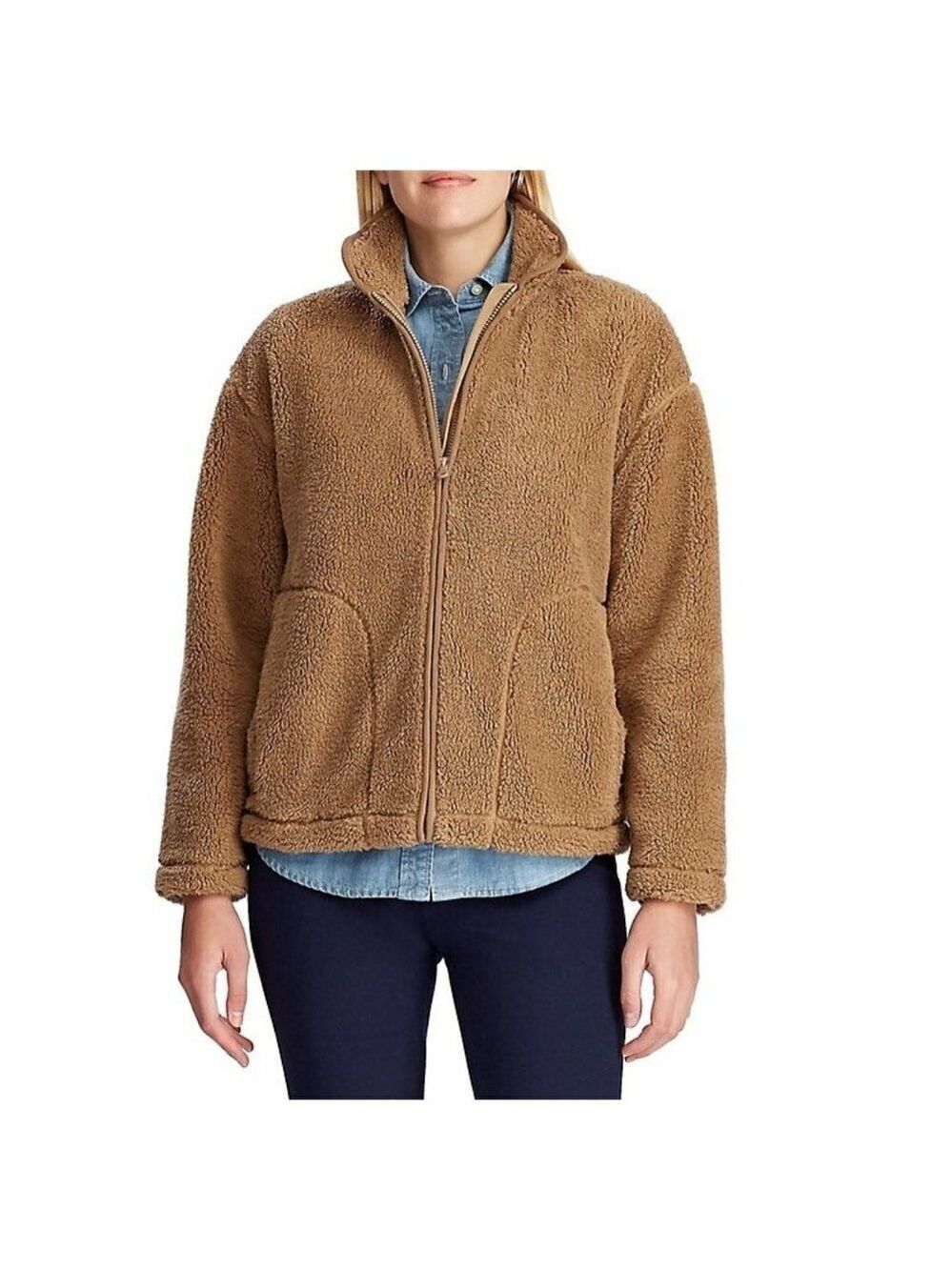 Chaps Faux Shearling Zip-Front Sweater X-large Posh Camel